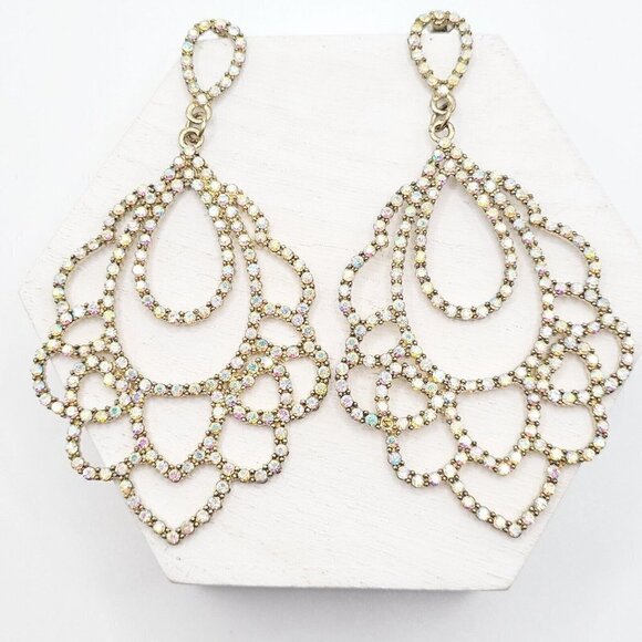 Large AB Rhinestone Drop Dangle Earrings 3.5" Modern Pierced Sparkle Bling EUC - Picture 2 of 8